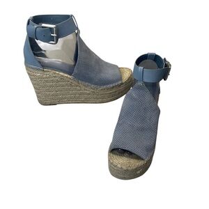 Marc Fisher Blue Perforated Espadrille Wedge Sandals with Ankle Buckle